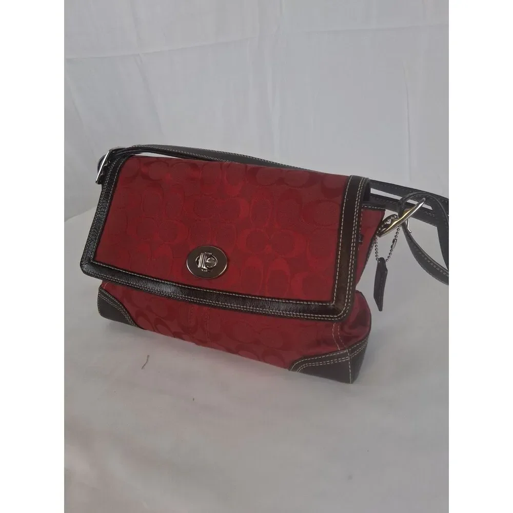 Coach Red Signature Jacquard Flap Crossbody Shoulder Bag Brown Leather F13947